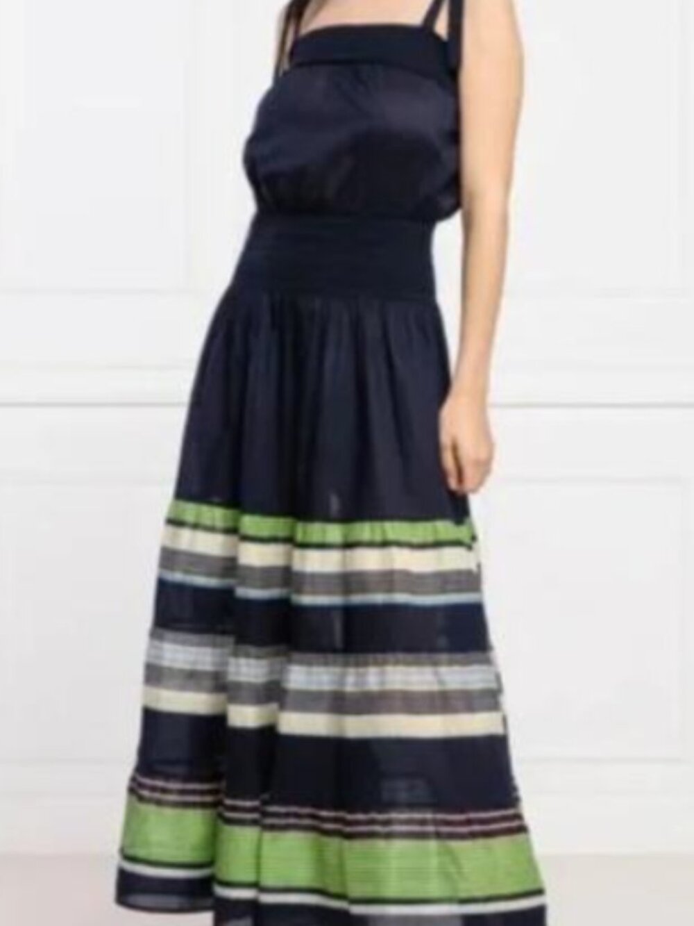 Tory Burch Navy Maxi Dress with Green and Cream Stripe Bands